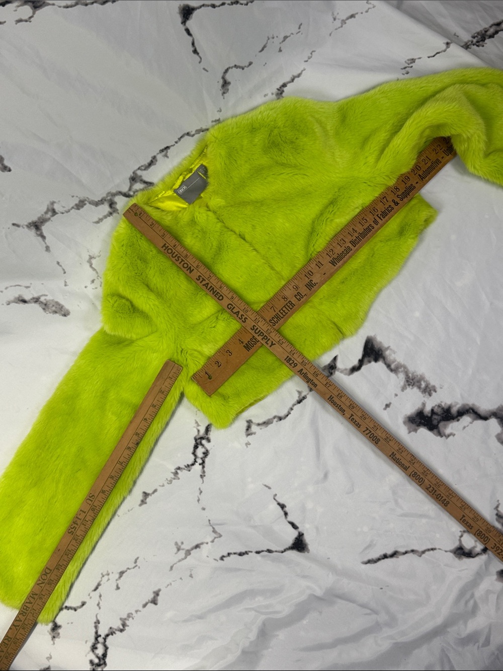 ASOS Faux Fur Cropped Jacket Neon Lime Hook & Eye Front Closure Collarless - Picture 10 of 10
